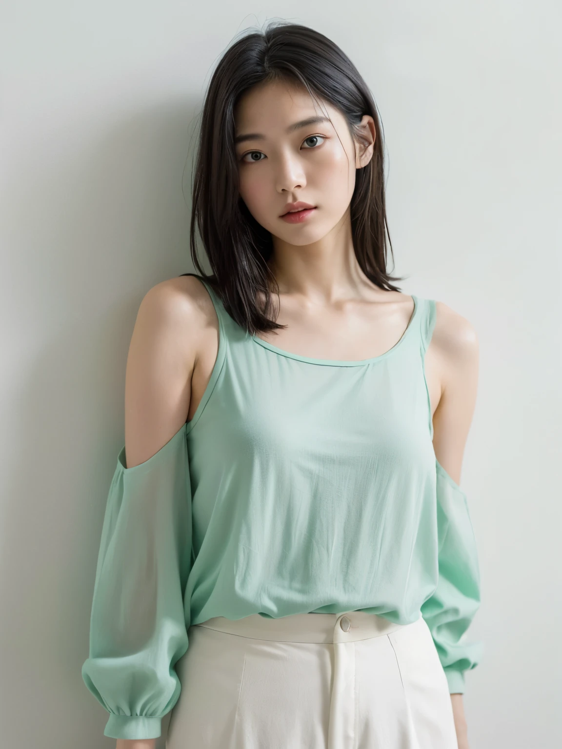 See-through tops、巨乳、キャミソール、むちむちな太もも、(背景にwhite wall、Part of her clothes is Mint green:1.4)、white wall、Taken in front of the white door、(窓のあるwhite wallの部屋)、((highest quality、8K、masterpiece:1.3))、ultra high resolution、(photorealistic:1.4)、raw photos、Japanese,(details face)、real、Shot in natural light、Highly detailed face and skin texture、highly detailed lips、correct state of the human body、medium hair、black hair、various poses、natural color lip