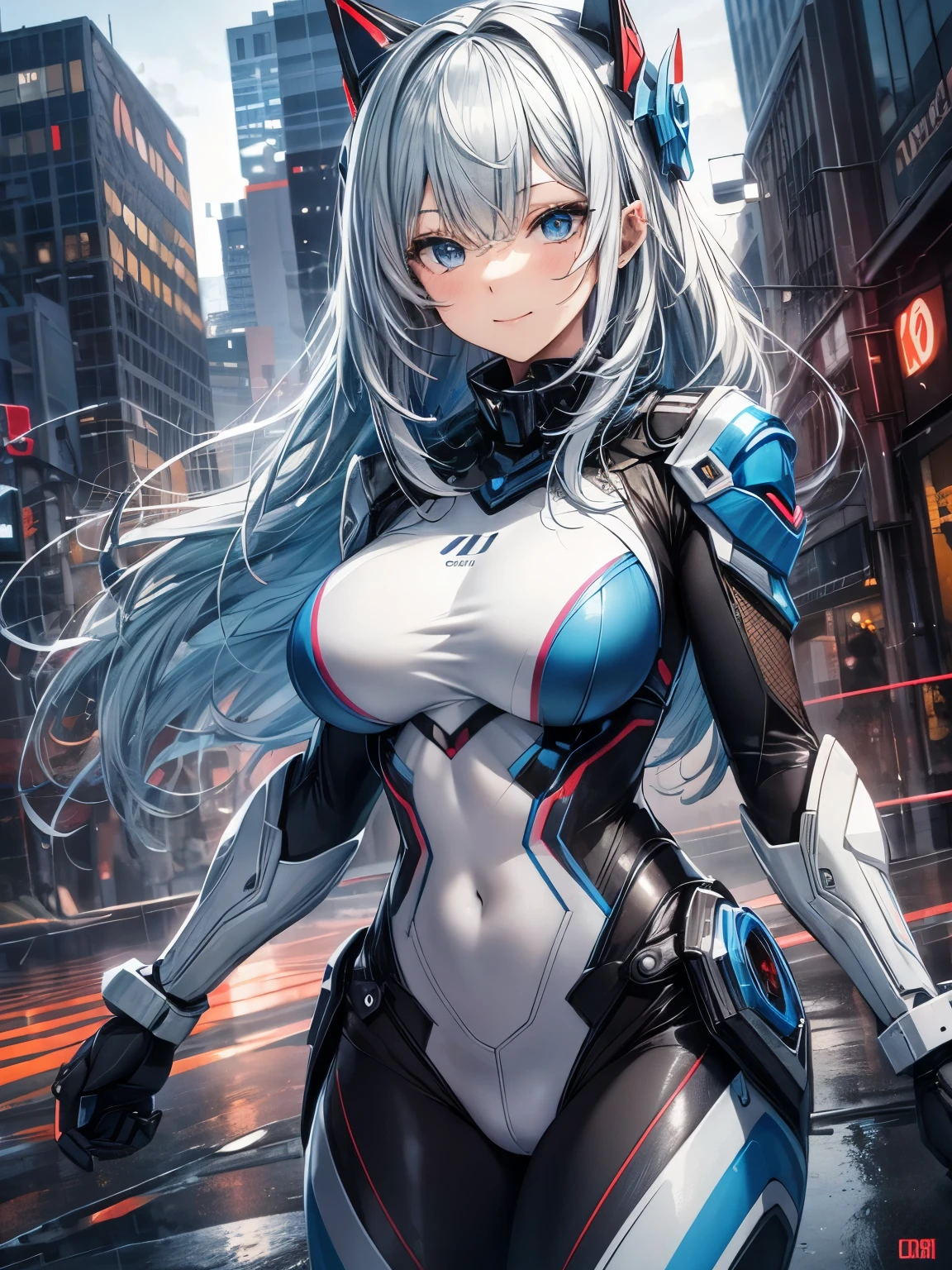 (Masterpiece, Best Quality, great, Highly detailed Unity, 8k resolution, Depth-of-field, super fine-illustration:1.5), 3D, insanely detailed, colorful details, iridescent colors, (natural lighting, natural shading: 1.0), detailed background, (full body shot:1.5) , aerial view , (wide angle lens:0.0),
(1girl), detailed beautiful face, ultra detailed eyes, detailed skin texture, Sparkling eyes, Cute face, kawaii, Smile, grin, (Open mouth:0.0), breasts, delicate hair, (disheveled hair:0.0), Shiny hair, shiny skin, exposed skin, (Thin pink lips: 0.8),
headgear, white hair ornament, (a mech girl:0.2), (mechanical suit:0.2) , white and orange clothing, (Blue sky, white clouds:1.0), (rampage:0.1), (destruction:0.0), townscape,cityscape,street, people, car, gts, giantess