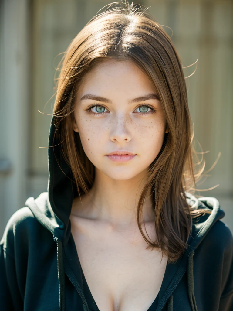 Girl with green eyes and brown hair has medium breasts has freckles and wearing a black hoodie