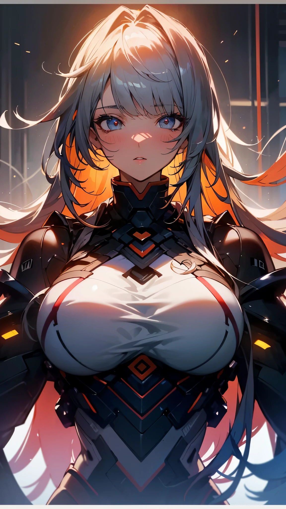 (UHD, retina, masterpiece, accurate, anatomically_correct, textured_skin, super_detail, high_details, high_quality, best_quality, high_res, 1080P, HD, 4K, 8k, 16k), (beautiful_detailed_eyes, beautiful_detailed_lips, extremely_detailed_eyes_and_face), soft_lighting, physically-based_rendering, vivid_colors, (large_breasts:1.5), (shiny_hair, shiny_skin, tanned_skin, blush), (bangs:1.5), eye_reflection, semi-profile_view,