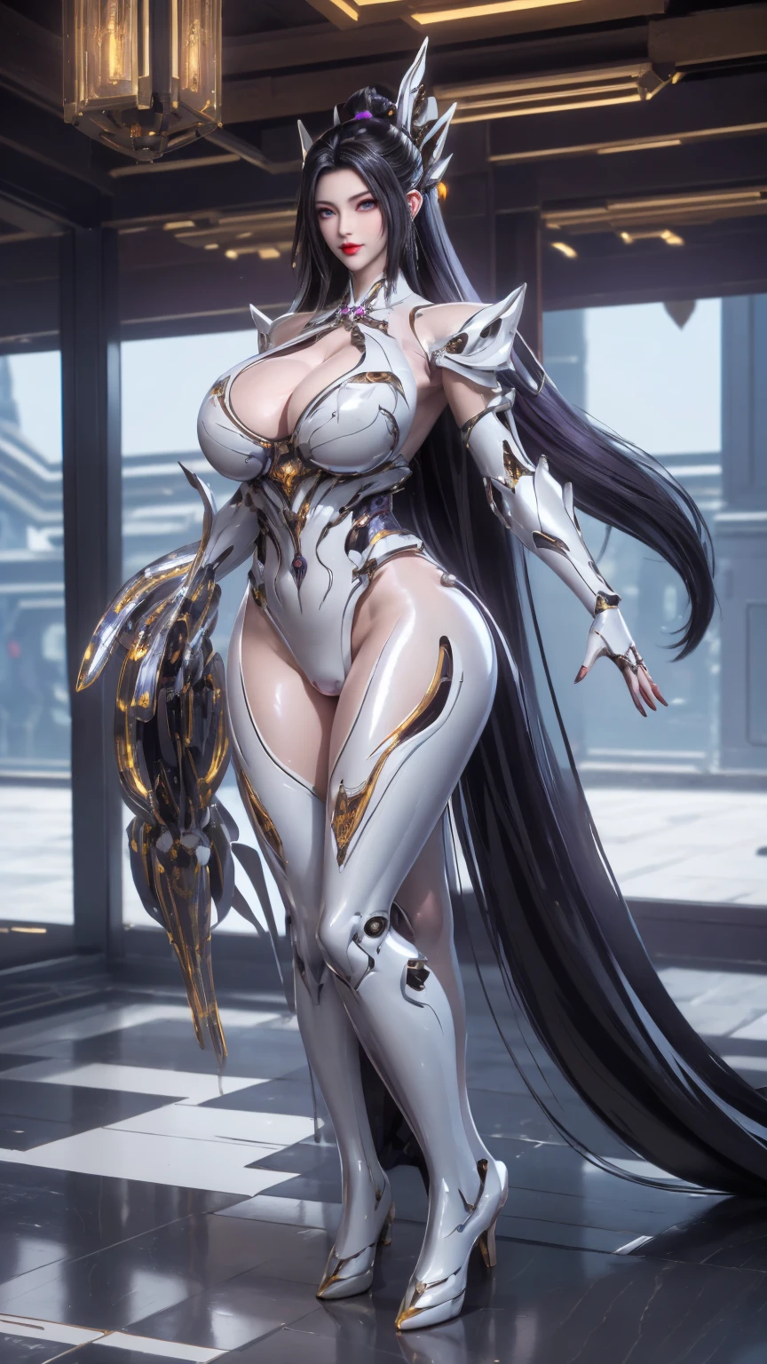 UPPER BODY,CLOSE UP HALF BODY,SOLO,(BEAUTY BLACK COLOR HAIR,GOLDEN DRAGON HORN:1), (HUGE OPPAI,BUSTY MILF,CLEAVAGE,MUSCLE ABS,NSFW:1.5), ((WEARING OUTFIT PURPLE,WHITE SHINY MODERN MECHA FUTURISTIC SKIMPY BIKINI ARMOR,ROBOT MECHA ARMOR:1.5)),(CURVY VOLUPTUOUS BODY MATURE WOMAN:1.5), (SWEATY GLOSSY BODYSKIN:1.5), (LOOKING AT VIEWER:1.6),(HALLROOM OF FUTURISTIC SPACE STATION:1), (PHOTOREALSITIC:1.4), (ULTRA-DETAILLIERT), (TOP-QUALITY), (BEST SHADOWS), (MASTERPIECE), BRIGHT LIGHT IN ROOM, HYPER TEXTURE, (4X MSAA), ((UNREAL ENGINE 5 RENDER)), PHYSICALLY-BASED RENDERING, ULTRA HIGHT DEFINITION, 16K, 1080P.