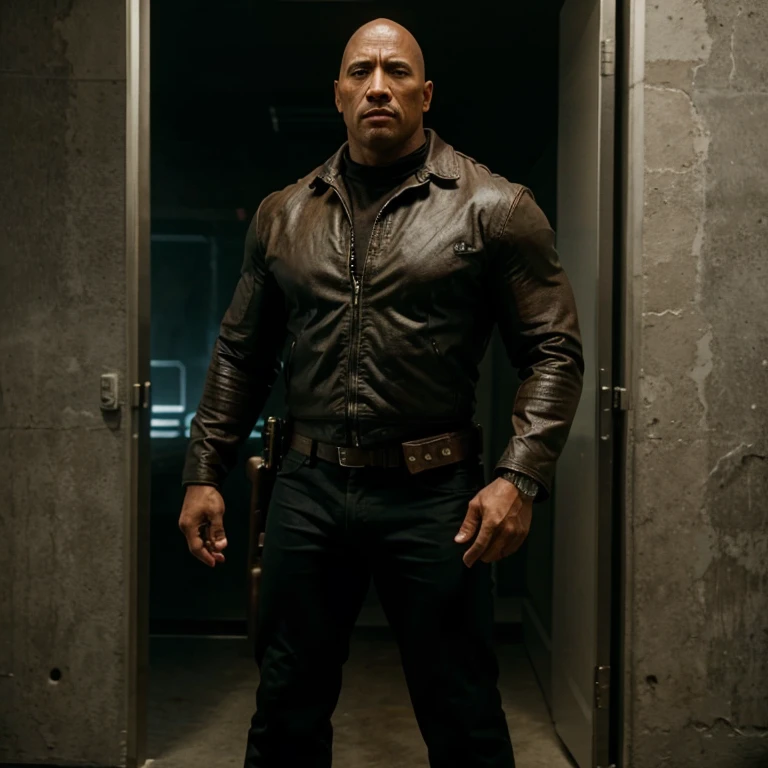 masterpiece, best quality, solo, Dwayne Johnson as T100 in Terminator, standing, full body, cowboy shot, hands on hips,