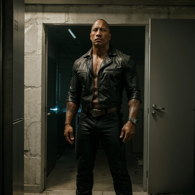 masterpiece, best quality, solo, Dwayne Johnson as T100 in Terminator, standing, full body, cowboy shot, hands on hips,