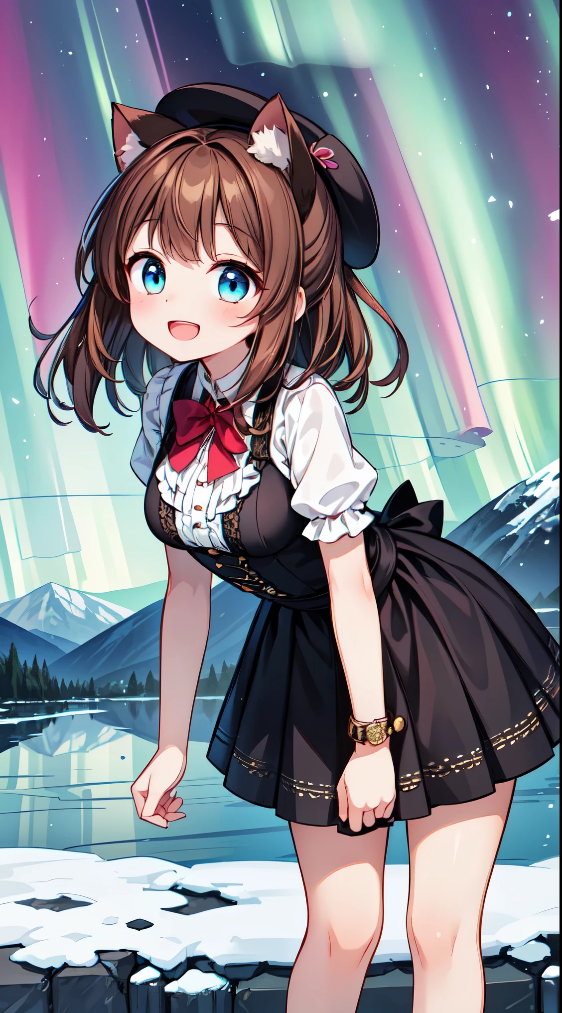 (super fine illustration:1.2),(masterpiece, 8k), (best quality, high quality:1.4), perfect anatomy, hyper detailed, ultra detailed,masterpiece background,beautiful detailed background, v8k wallpaper,perfect design,award-winning art,atmospheric, BREAK, 1 beautiful girl, (17 years old girl),Solo,(Cute:1.5),(Chibi:0.6),(kawaii:1.5),(:0.5),BREAK,1 beautiful girl, (17 years old girl), Very detailed, colourfull, highest details, BREAK, (Huge breasts: 1. 2), Clear skin, Beautiful skin, Shy skin, 1 beautiful girl, (Brown hair:1.75), (Cat ears, Ponytail, medium-Long hair: 1. 2), (Light blue eyes, long eyelashes, Double eyelids: 1. 2),Solo,gleaming skin, Clear skin, Beautiful skin,(best quality face),(Top quality glowing eyes),(The best smile,:D:1.45), nose blush, sleepy, grin, open mouth,

//Character
1girl,
BREAK
//Fashion
Countryside Jane Austen Charm,
Choose a lightweight, empire-waist Regency dress in pastel tones, capturing the romantic style of Jane Austen’s era,
BREAK
Add ribbons and bows as delicate embellishments, tying them around the waist or in the hair for a touch of Regency charm,
BREAK
Wear a bonnet or a straw hat adorned with flowers, echoing the fashion of the early 19th century,
BREAK
Opt for lace-up ballet flats in a coordinating color, providing comfort while staying true to the Regency style,
BREAK
Pin a simple cameo brooch to the bodice, reflecting the understated elegance of the

BREAK
standing, (leaning forward:1.3), looking at viewer,
BREAK nose blush, smile, open mouth,
(winter, snowy, ice, mountains, night:1.2), (under the aurora:1.5), (starry sky:1.3),
BREAK
(perfect anatomy, perfect arms, perfect hand, perfect finger, perfect legs:1.3)




BREAK,wakame,wakame,wakame, (from below:1.2), cowboy shot,


BREAK,(Blurry background:1.3),(absurderes, hight resolution, Super Detail Art),cel shading,Clear Color, Lonely optical effect, Beautiful pictures, Bright glow, mystic atmosphere,Mystical light particle effect,manga influence, clean line drawings, 
