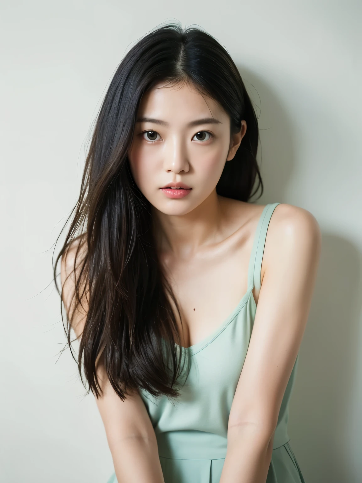 See-through tops、(背景にWhite Wall、Part of her hair is emerald green:1.4)、White Wall、Shot in front of white door、(窓のあるWhite Wallの部屋)、((best quality、8K、masterpiece:1.3))、Ultra-high resolution、(photorealistic:1.4)、original photo、Japanese,(detailedface)、real、Shoot in natural light、Highly detailed face and skin textures、Highly detailed lips、The correct state of the human body、Medium Length Hair、Black Hair、Various postures、Natural lipstick