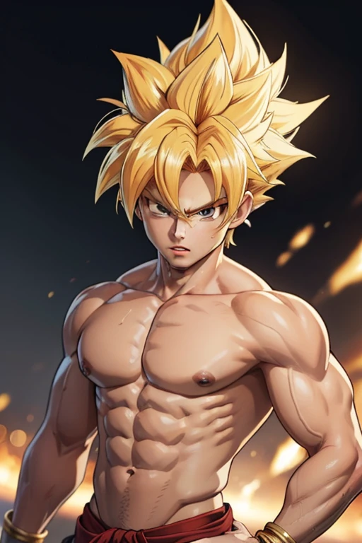 (masterpiece, better quality), intricate details, 8K, art station, wallpaper, official art, splash art, background storm, sharp focus, 1 boy, (realistic: 1.2) (Bokeh) (better quality) (fine skin: 1.3) (intricate details) (8K) (fine eyes) (sharp focus) Sun Wukong, I'm frustrated, battle damage, blonde, range azul, teeth cerrados, fierce, green eyes, male focus, muscular, muscular男性, chest, range, alone, spike hair, super saiyan, super saiyan 1, teeth, topless masculinity, torn clothes, bangle, merged with the dragon