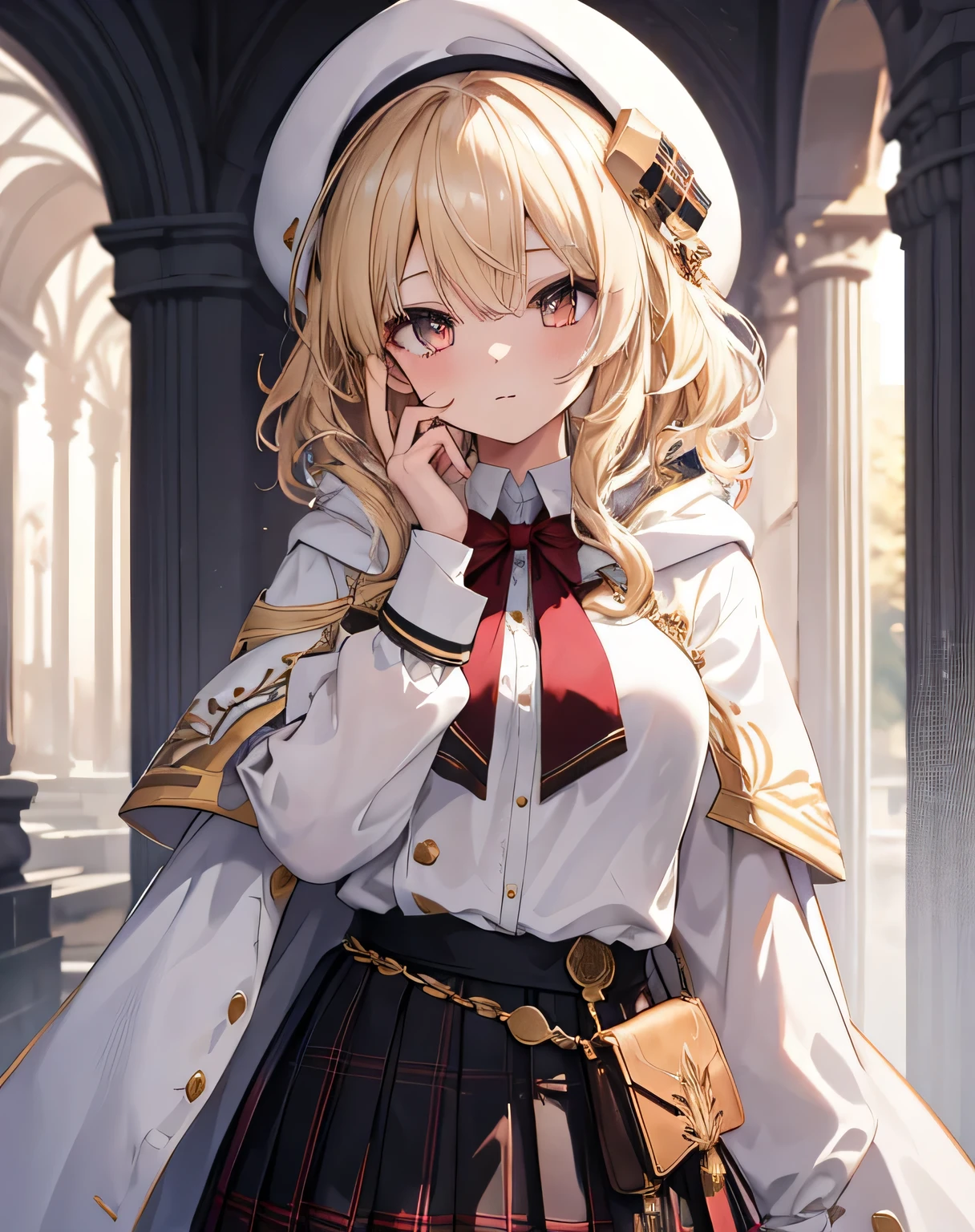 masterpiece,1girl, sparrow, a blonde haired girl, wearing a priestess uniform, curly medium hair, messy hair, black skirt, short white capelet with furry hoody, slim body, she have a schyte, medium breasts, she close her left eye, shirt ornament, lolippai, white beret, innocent face, beautiful breasts, rounded breasts, crimson eyes, pleated skirt, plaid skirt