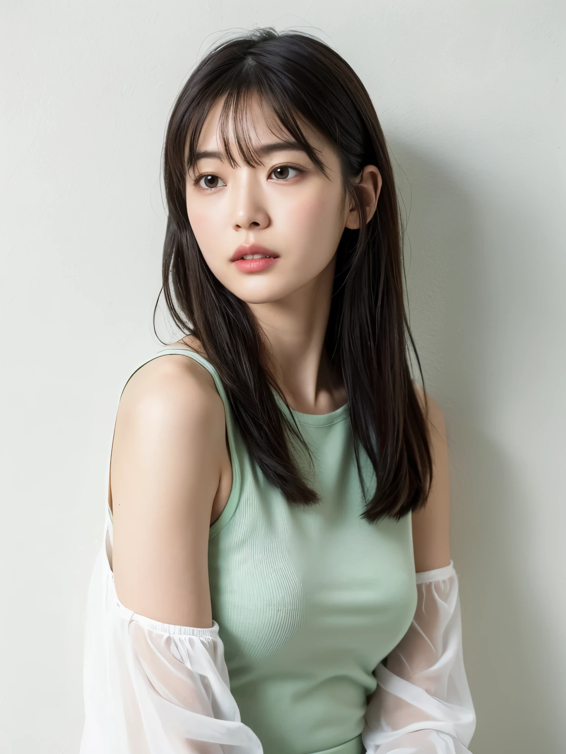 See-through tops、巨乳、キャミソール、(背景にwhite wall、Part of her clothes is Mint green:1.4)、white wall、Taken in front of the white door、(窓のあるwhite wallの部屋)、((highest quality、8K、masterpiece:1.3))、ultra high resolution、(photorealistic:1.4)、raw photos、Japanese,(details face)、real、Shot in natural light、Highly detailed face and skin texture、highly detailed lips、correct state of the human body、medium hair、black hair、various poses、natural color lip