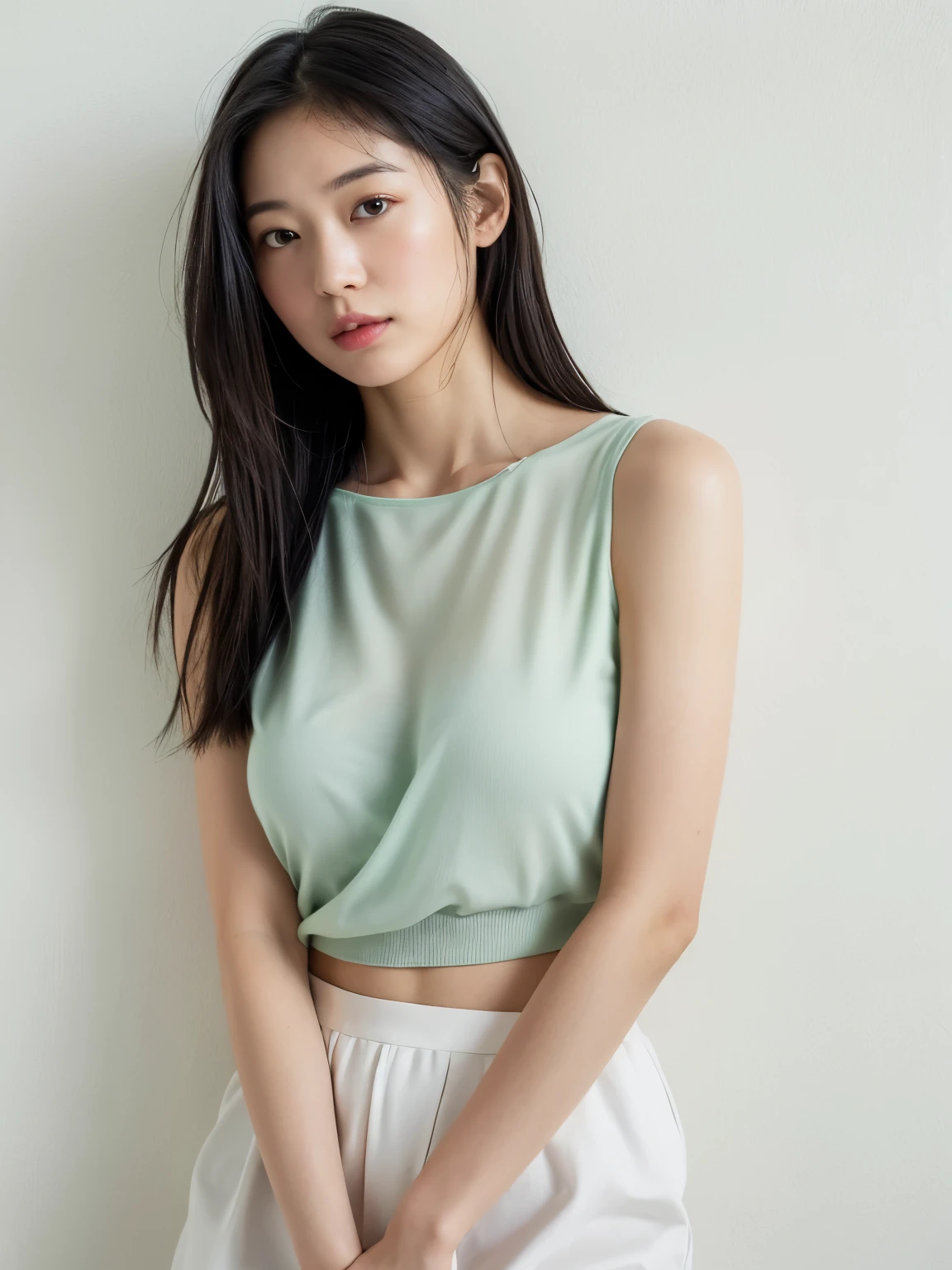 See-through tops、巨乳、キャミソール、(背景にwhite wall、Part of her hair is Mint green:1.4)、white wall、Taken in front of the white door、(窓のあるwhite wallの部屋)、((highest quality、8K、masterpiece:1.3))、ultra high resolution、(photorealistic:1.4)、raw photos、Japanese,(details face)、real、Shot in natural light、Highly detailed face and skin texture、highly detailed lips、correct state of the human body、medium hair、black hair、various poses、natural color lip