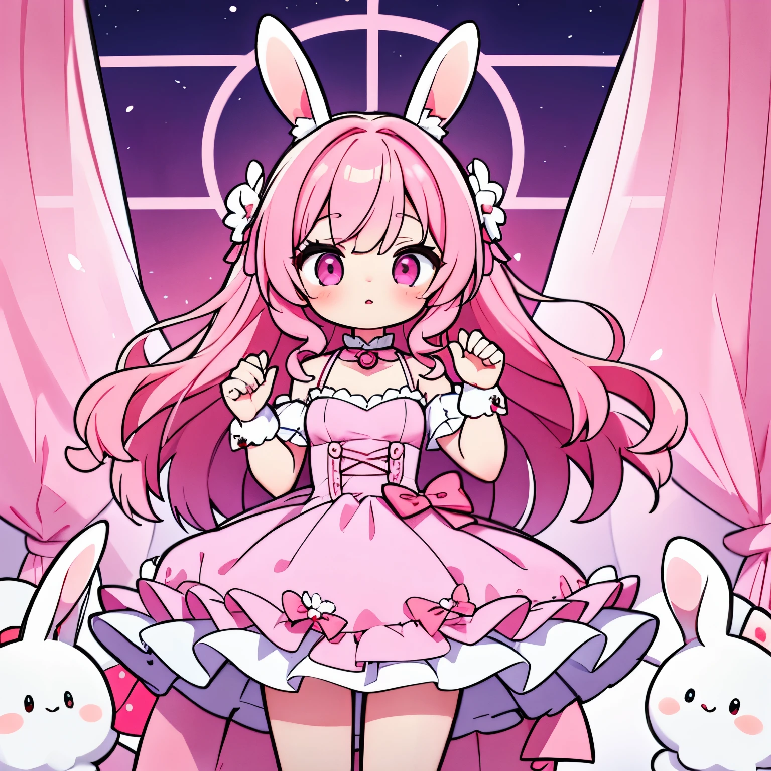 Bunny girl,long curly pink hair, pink eyes,pink dress,best quality,masterpiece,8K