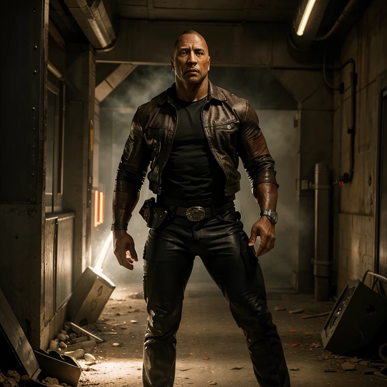 masterpiece, best quality, solo, Dwayne Johnson as T100 in Terminator, half cyborg face, glowing red cyborg eyes, standing, full body, cowboy shot, hands on hips,