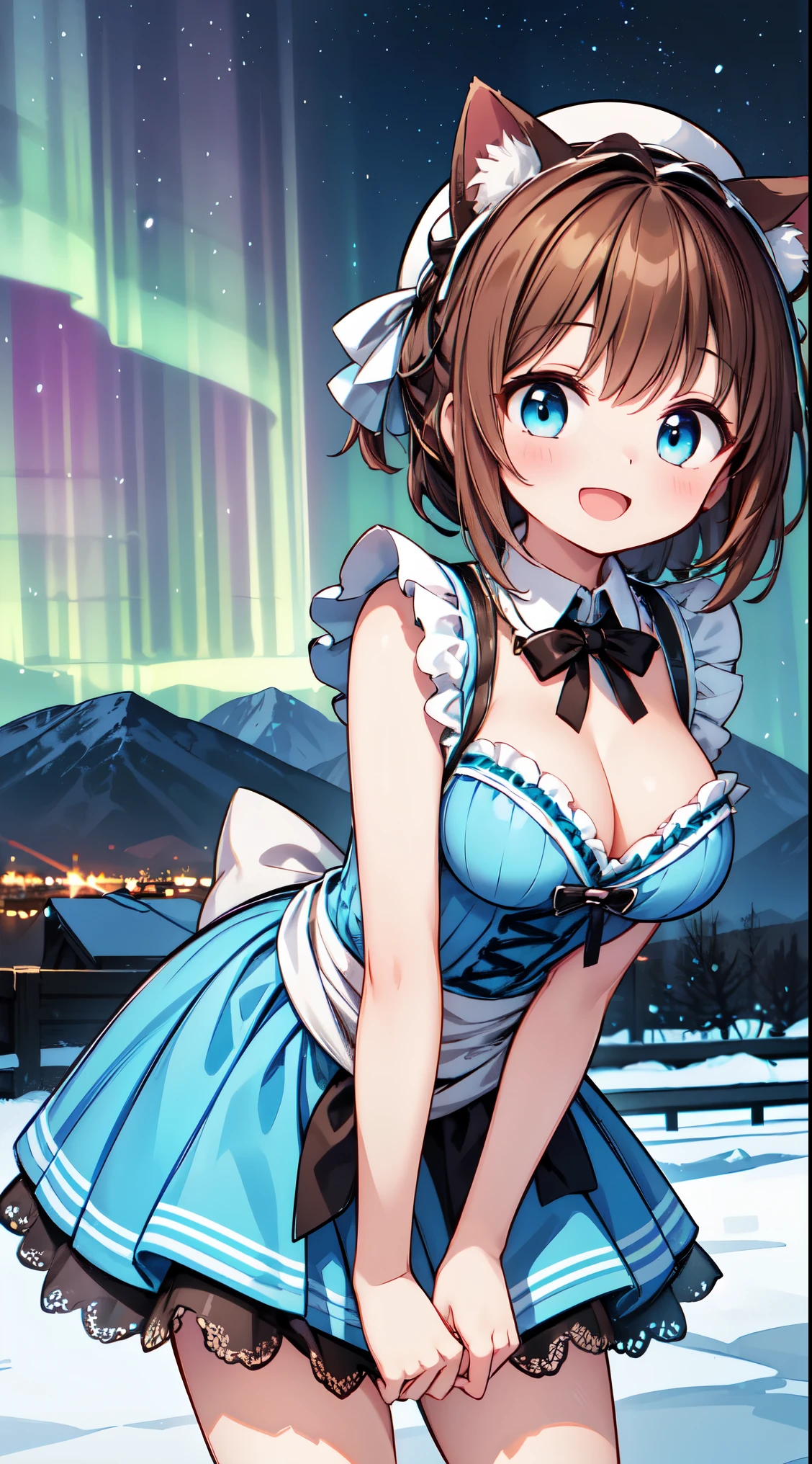 (super fine illustration:1.2),(masterpiece, 8k), (best quality, high quality:1.4), perfect anatomy, hyper detailed, ultra detailed,masterpiece background,beautiful detailed background, v8k wallpaper,perfect design,award-winning art,atmospheric, BREAK, 1 beautiful girl, (17 years old girl),Solo,(Cute:1.5),(Chibi:0.6),(kawaii:1.5),(:0.5),BREAK,1 beautiful girl, (17 years old girl), Very detailed, colourfull, highest details, BREAK, (Huge breasts: 1. 2), Clear skin, Beautiful skin, Shy skin, 1 beautiful girl, (Brown hair:1.75), (Cat ears, Ponytail, medium-Long hair: 1. 2), (Light blue eyes, long eyelashes, Double eyelids: 1. 2),Solo,gleaming skin, Clear skin, Beautiful skin,(best quality face),(Top quality glowing eyes),(The best smile,:D:1.45), nose blush, sleepy, grin, open mouth,
//Character
1girl,
BREAK
//Fashion
Countryside Jane Austen Charm,
Choose a lightweight, empire-waist Regency dress in pastel tones, capturing the romantic style of Jane Austen’s era,
BREAK
Add ribbons and bows as delicate embellishments, tying them around the waist or in the hair for a touch of Regency charm,
BREAK
Wear a bonnet or a straw hat adorned with flowers, echoing the fashion of the early 19th century,
BREAK
Opt for lace-up ballet flats in a coordinating color, providing comfort while staying true to the Regency style,
BREAK
Pin a simple cameo brooch to the bodice, reflecting the understated elegance of the
BREAK
standing, (leaning forward:1.3), looking at viewer,
BREAK nose blush, smile, open mouth,
(winter, snowy, ice, mountains, night:1.2), (under the aurora:1.5), (starry sky:1.3),
BREAK
(perfect anatomy, perfect arms, perfect hand, perfect finger, perfect legs:1.3)
BREAK,wakame,wakame,wakame, (from below:1.2), cowboy shot,
BREAK,(Blurry background:1.3),(absurderes, hight resolution, Super Detail Art),cel shading,Clear Color, Lonely optical effect, Beautiful pictures, Bright glow, mystic atmosphere,Mystical light particle effect,manga influence, clean line drawings,