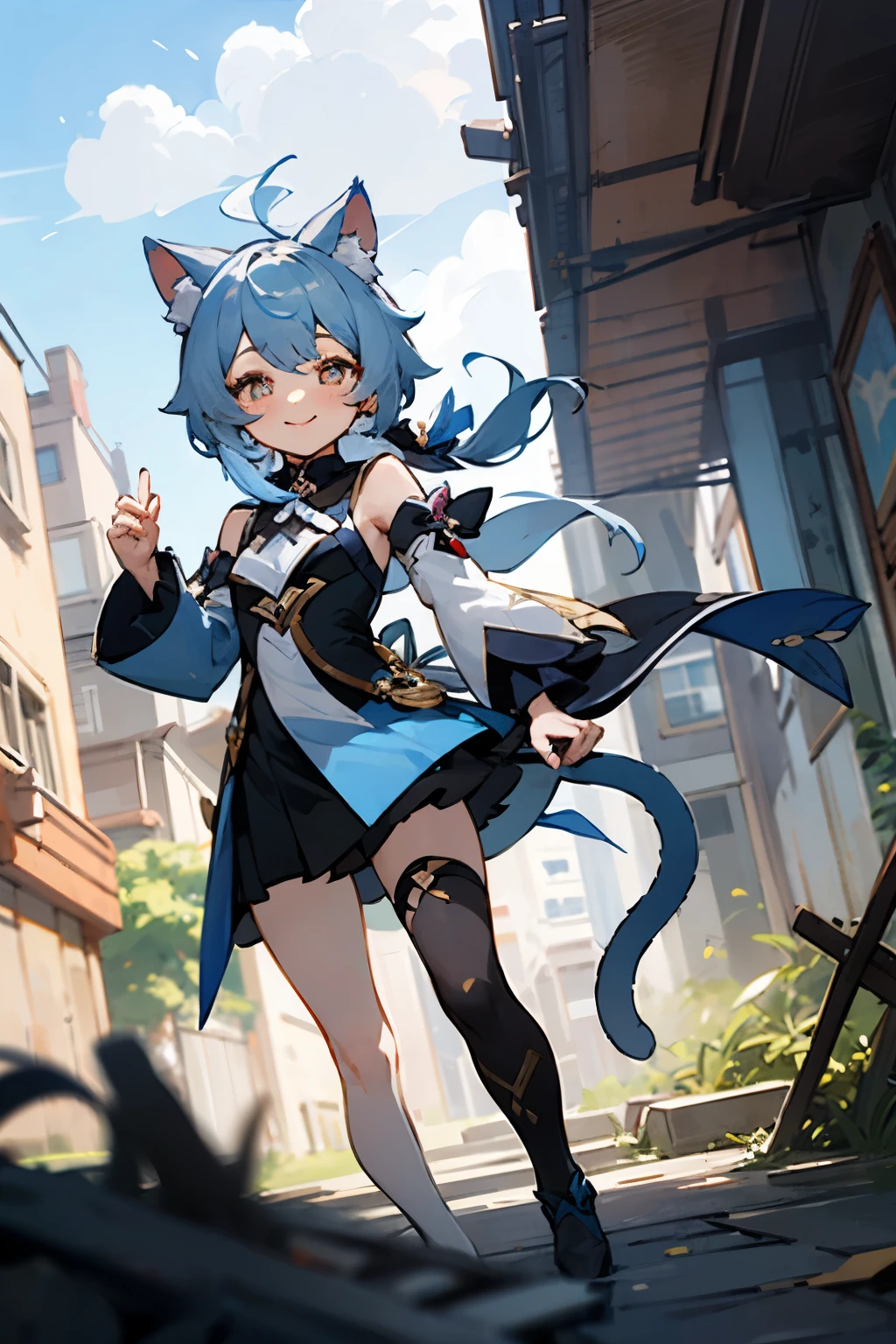 Masterpiece, best quality, 1girl, furina, genshin impact, white hair, blue hair, cute, teae shaped pupils, cat ears, cat tail, happy, smile, abandoned city
