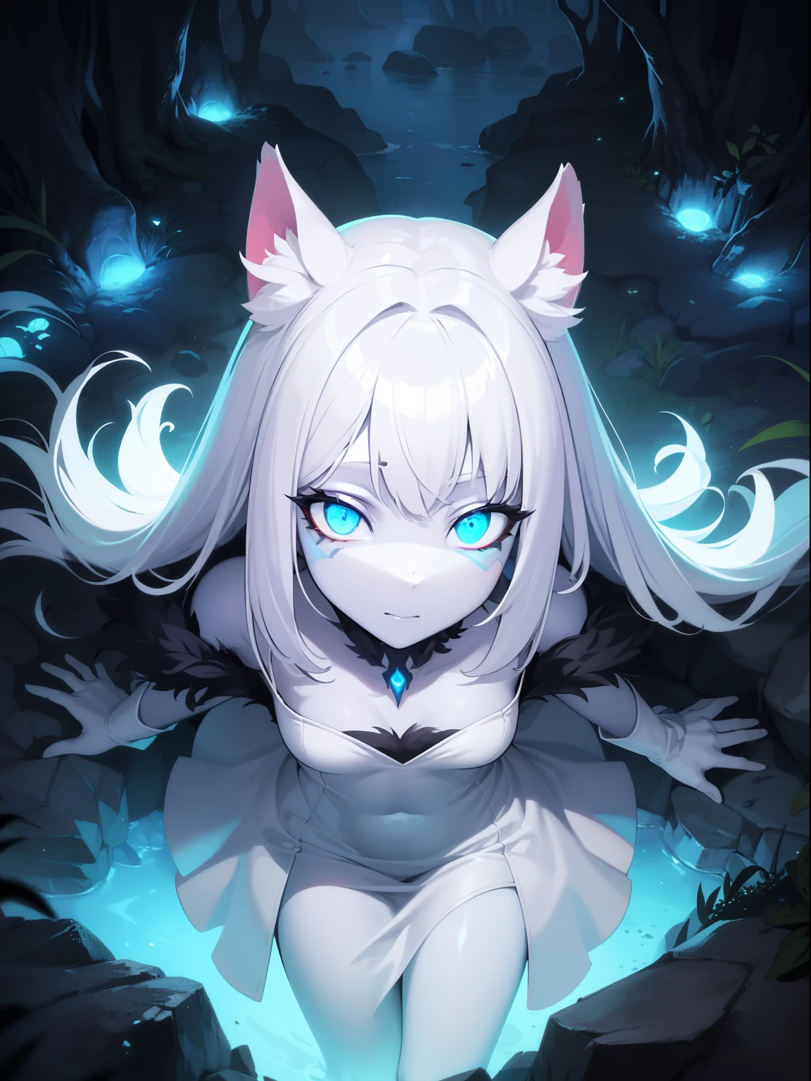 (masterpiece, best quality:1.4), 1girl, standing, full body, furry female, body fur, (white fur, white skin:1.1), chest tuft, digitigrade, (cowboy shot:1.2), (from above, face focus:1.4), white hair, long hair, black mask, (blue eyes, glowing eyes:1.4), hooves, (white dress:1.4), small breasts, BREAK, nature, jungle, magical forest, fantasy forest, grass, purple leaves, plants, glowing flowers, rocks, day,