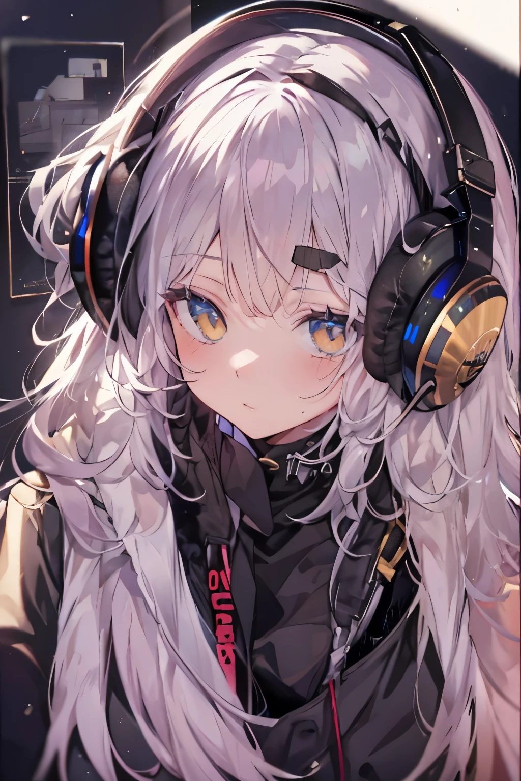 golden eyes、Woman using computer with big screen、silber hair、Semi-long hair、Wearing cool headphones,{{{{{{{{ Black Parker Oversize }}}}}}}},beautiful and delicate golden eyes,Thinking,Black clothes,