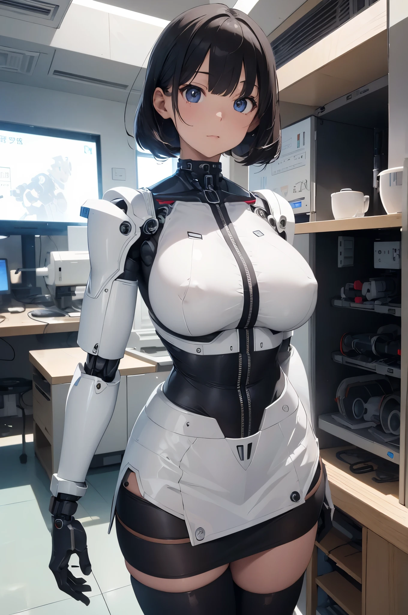 masterpiece, best quality, extremely detailed, (8K, 4K, Best Quality, hight resolution, 超A high resolution:1.1), 8k portrait, Japaese android Girl,Plump , announcer,control panels,android,Droid,Mechanical Hand, Robot arms and legs, Black Robot Parts,Black hair,Mechanical body,Blunt bangs,perfect mechanical abdomen,White robotics parts,perfect robot woman,future laboratory,cyber pank,charging spot,laboratory,long tube,thick cable connected her neck,ceramic body ,perfect mechanical body, white robot body,android,robot humanoid,black sponge joints,The removable cover is in the groin,The connection port is in the groin,opened chest panel,access panel on the chest,white machine body,white robot body,white ceramic breast,perfect plastic breast,She has repaired,assembly plant,miniskirt,black kneehighsocks,leather boots,