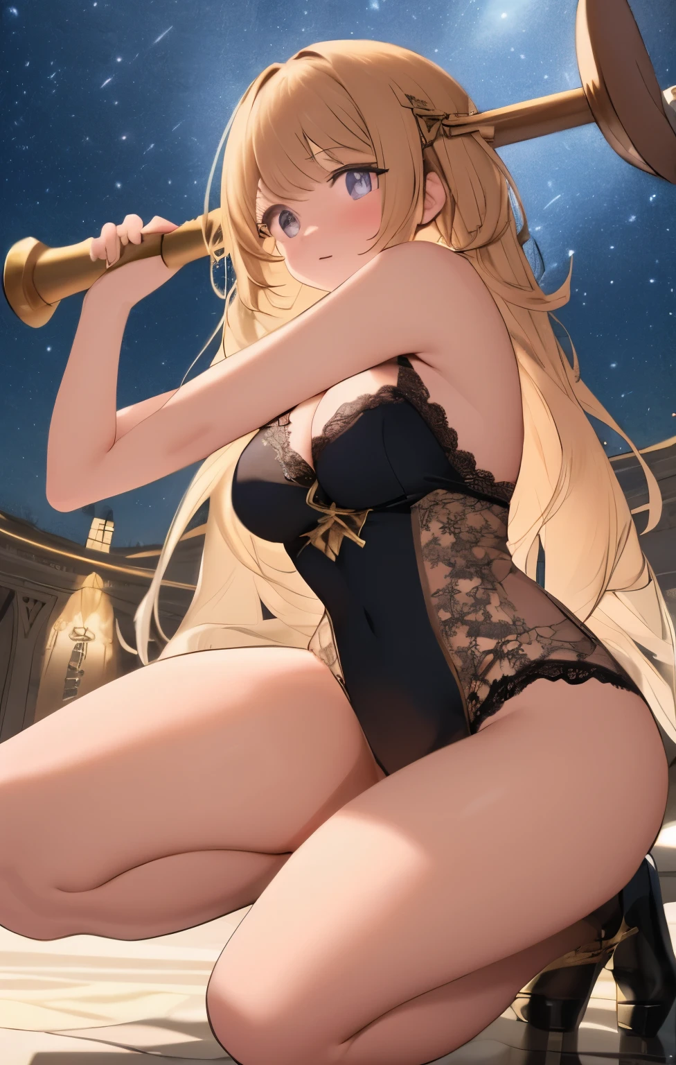 best quality:1.3),(masterpiece:1.3),(illustration:1.3),(Super detailed:1.3),(imide shot:0.9),
1 girl,alone, Image of the body viewed from the side, from below, close up, Kneel down,leg wide open,,thigh,sexy,A thousand flavors,lace,cleavage,genitals visible,Seductive pose,moving pupils,huge hammer,underwear,,lace,starry sky