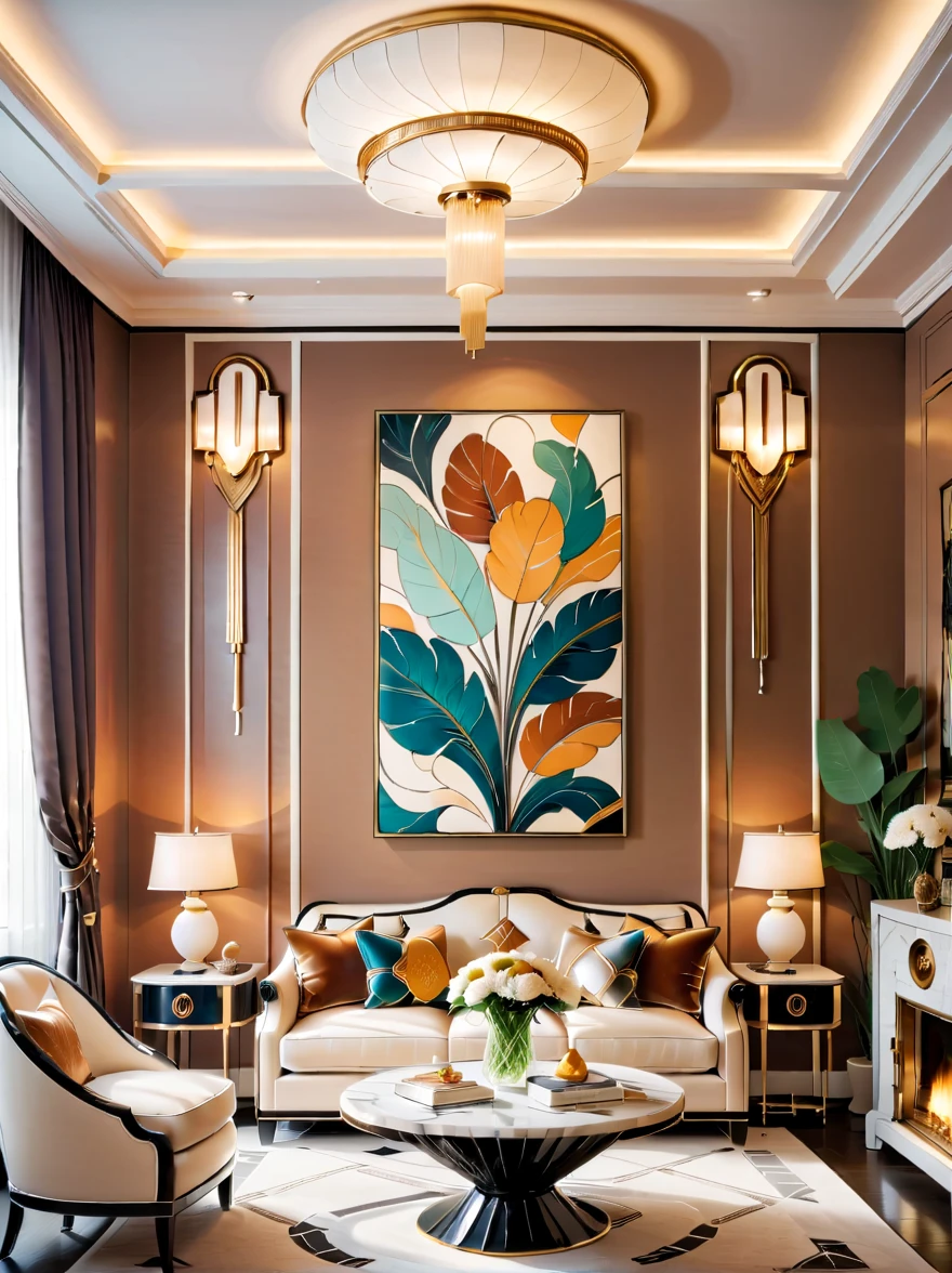 Create an image of a warm and inviting Art Deco style room. The room should radiate a cozy atmosphere, blending the distinctive Art Deco elements with a welcoming ambiance. It should feature geometric patterns, strong lines, and luxurious materials typical of Art Deco, but with a softer, warmer palette, perhaps using shades of cream, gold, and warm browns. The furniture should be stylish yet comfortable, with plush upholstery and elegant, streamlined forms. Decorative accents might include Art Deco lamps, mirrors, and wall art, all contributing to the room's inviting feel. The lighting should be soft and warm, enhancing the overall sense of comfort and warmth in this Art Deco-inspired space.