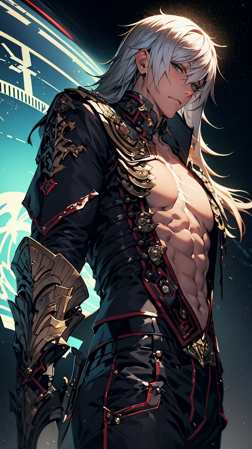 （Libido boy:1.8）Dark boy, Short silver-white hair swaying in the wind, Handsome and handsome clear face, Three-dimensional facial features,  Detailed and delicate red pupils, The body exudes evil black gas, Abs，black tattoos，The gas is constantly rising, Flow effects, a panoramic view, uhdr, 巨作, A high resolution, Gothic art, Ray tracing, cinmatic lighting, Action painting, projected inset, f/16, Cowboy shot, ccurate, Super detail, High details, High quality, 8K