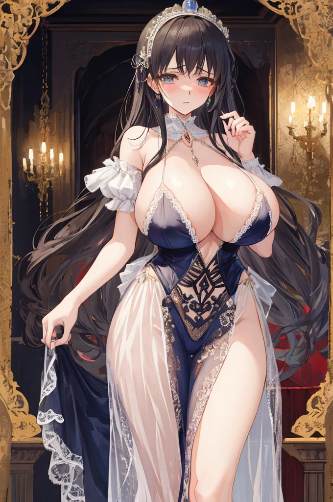 A woman with big ,Young princess,victorian style,clavicle,Prominent and smooth underboob,Lace nightdress,exquisite,transparent,pubic,at the banquet,shed tears,Fear,