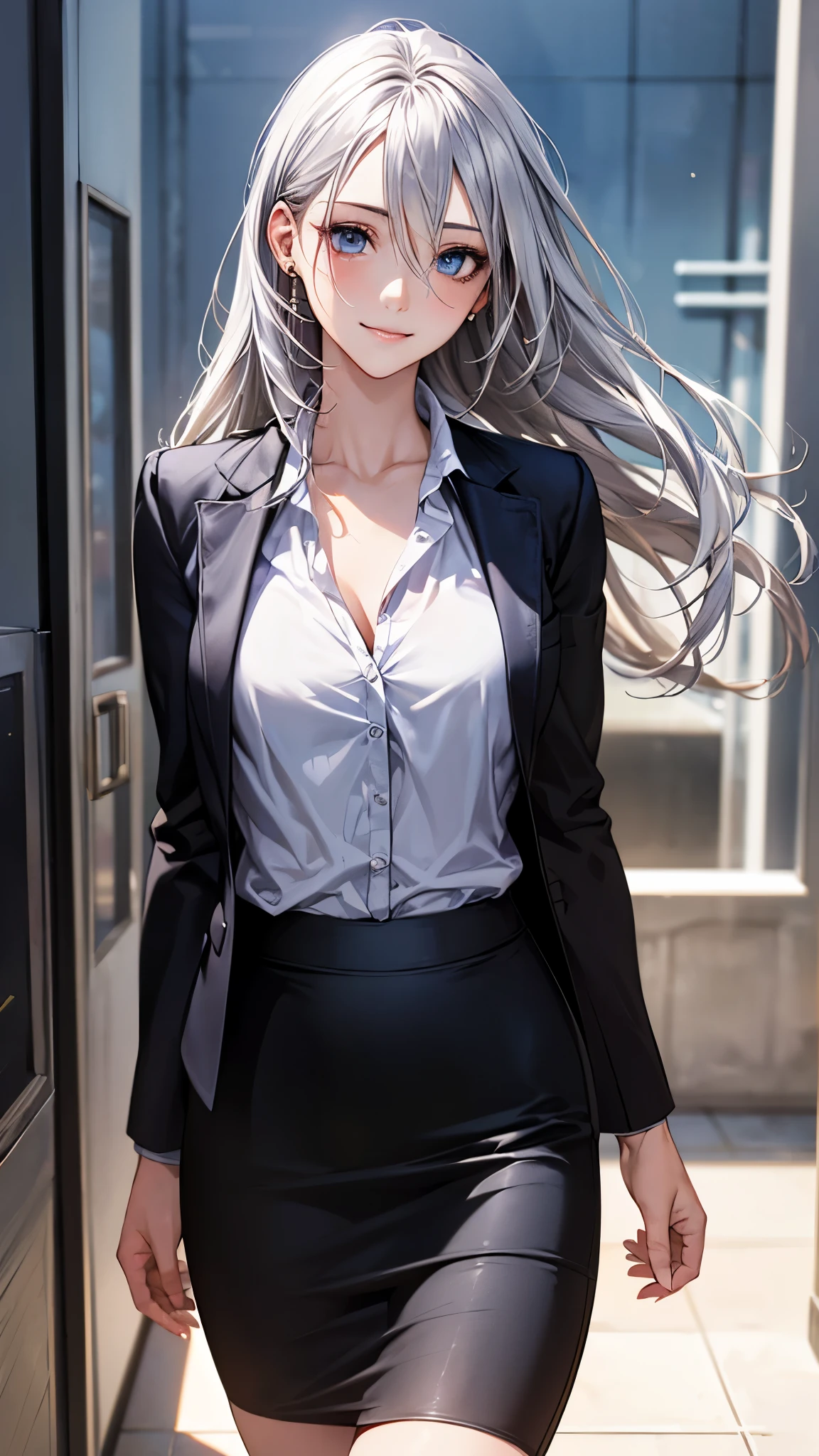 (Highest quality, High resolution, Very detailed), 1 female, Silver Hair, Long Hair, Reddish brown eyes, suit skirt, lace thong, pantyhose, 24th generation, Beautiful woman, mature, quiet, Calm, Large Breasts, A small smile, office,