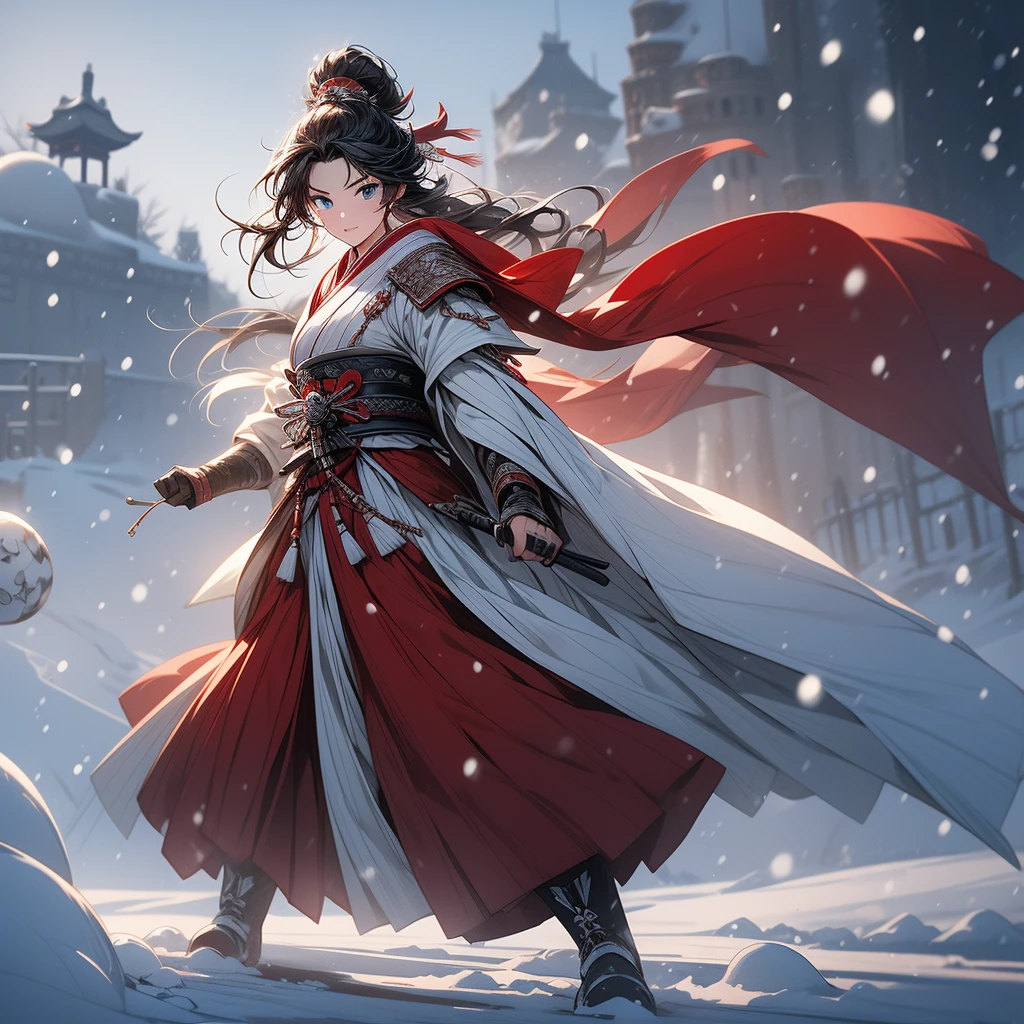 masterpiece, high-quality, high-definition, high-resolution, anime style, warm color palette, up view, full body, emitting cold air, cool lighting, freezing surroundings, (a japanese samurai woman is fighting Snowball Pose and holding a large snowball in her hand, Snowballs flying in the air, (Cold air is leaking from her body):1.4), calm and serious facial features, tense expression, hooded hairstyle, black hair color, cold winter attire, focused gaze, slightly open mouth, deep blue eyes, translucent skin texture, exposed face and hands, average bust size, winter boots, fashionable embroidery, frozen doorstep, winter landscape, swirling ice crystals, snowy elements, daytime, freezing atmosphere, (Background is Snowy battlefields and castles with richly drawn and delicate)
