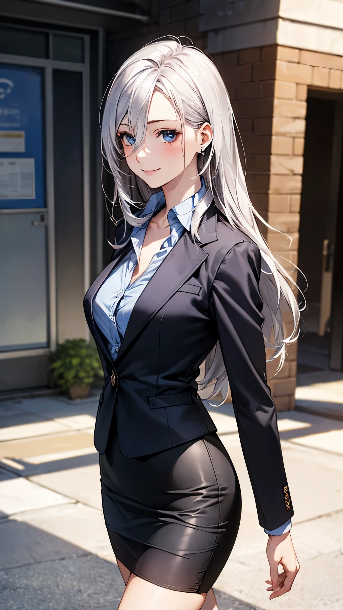 (masterpiece:1.2, top-quality), (realistic, photorealistic:1.4), beautiful illustration, (natural side lighting, movie lighting), 
looking at viewer, cowboy shot, front view, 1 girl, japanese, high school girl, perfect face, cute and symmetrical face, shiny skin, babyface, 
(long hair, straight hair, silver hair), hair between eyes, purple eyes, (middle breasts, seductive thighs, big ass), piercings, 
beautiful hair, beautiful face, beautiful detailed eyes, beautiful clavicle, beautiful body, beautiful chest, beautiful thigh, beautiful legs, beautiful fingers, 
((long sleeves, white collared shirt, black suit jacket, black pencil mini skirt), id card, strap, black high heels), 
(beautiful scenery), evening, park, walking, (lovely smile, upper eyes), 