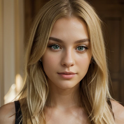 create a beautiful realistic 22 year old girl with green eyes and light blonde hair