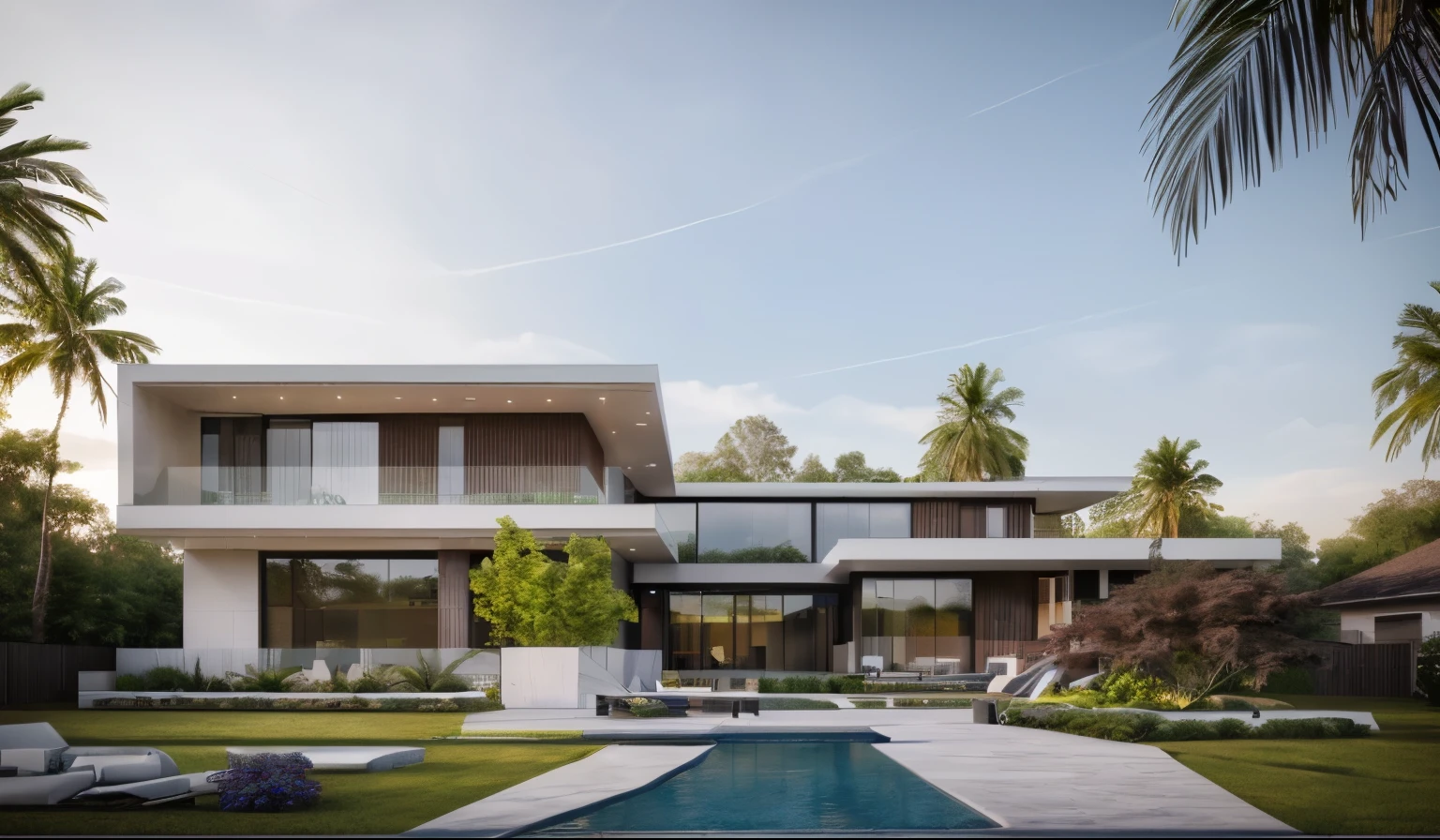 (masterpiece),(high quality), best quality, real,(realistic), super detailed,(full detail),(4k),8k,modern house exterior design,Modern architecture,Beautiful_sky,Day_light, no_humans, outdoors,sky,Tropical_trees,Garden_flower_front_of_building,