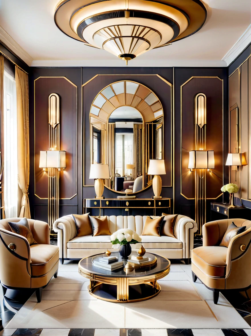 Create an image of a warm and inviting Art Deco style room. The room should radiate a cozy atmosphere, blending the distinctive Art Deco elements with a welcoming ambiance. It should feature geometric patterns, strong lines, and luxurious materials typical of Art Deco, but with a softer, warmer palette, perhaps using shades of cream, gold, and warm browns. The furniture should be stylish yet comfortable, with plush upholstery and elegant, streamlined forms. Decorative accents might include Art Deco lamps, mirrors, and wall art, all contributing to the room's inviting feel. The lighting should be soft and warm, enhancing the overall sense of comfort and warmth in this Art Deco-inspired space.