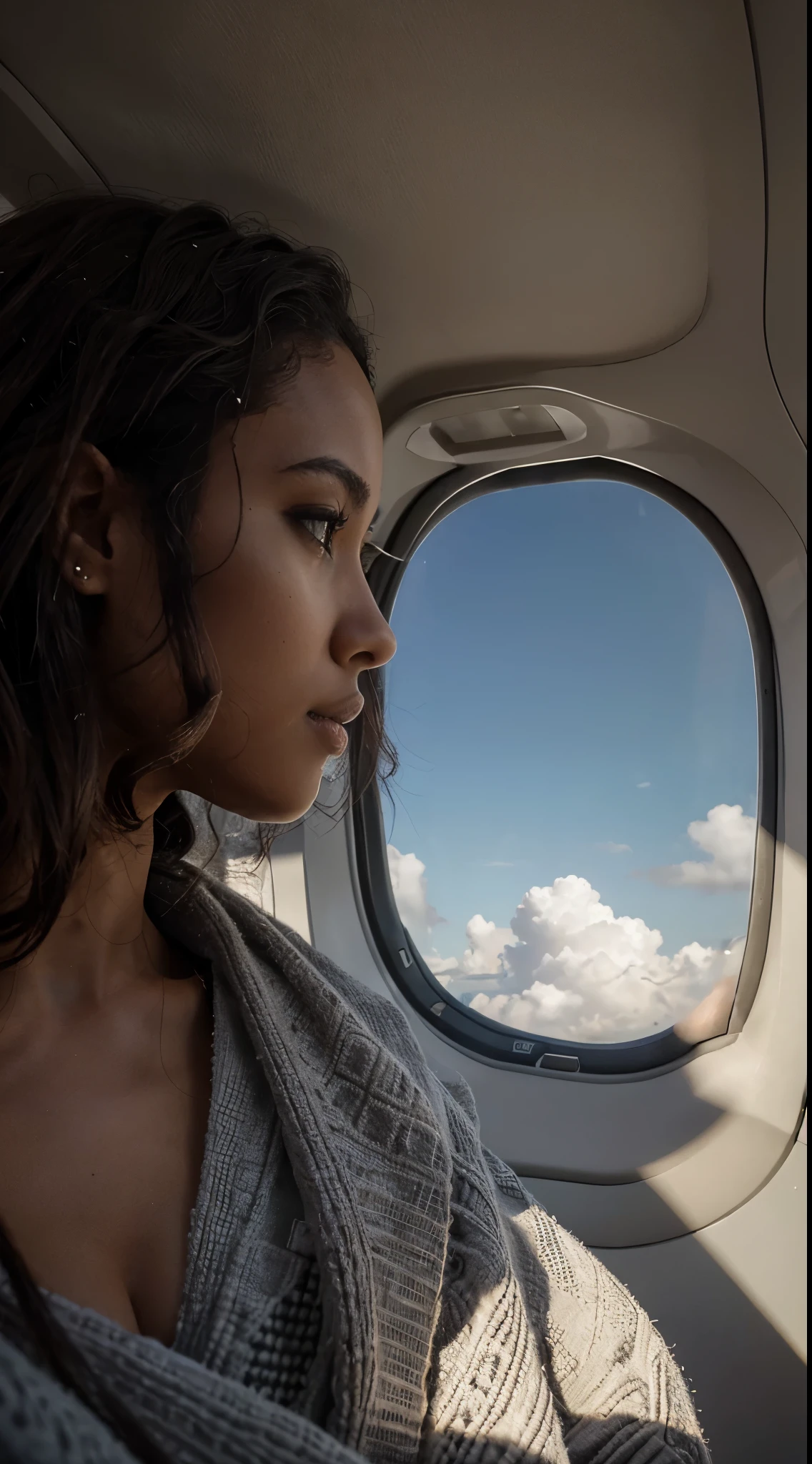 tall, fair light skinned, woman, african (cute 30yo), ((nappy hair)), no imperfections ((very detailed)), (perfectly detailed face), (well detailed hands), ("As the airplane soars through the sky, a woman gazes out of the window with a contemplative expression. The monochrome tones of black and white intensify the drama, framing her face against the vast expanse beyond. The subdued lighting adds mystery to her attire, making her a silhouette against the abstract shapes of the window. The image captures a moment of quiet introspection, inviting viewers to join her in the midst of an intriguing journey."), photorealistic image, instagram photo, RAW photo, 8k, 80mm