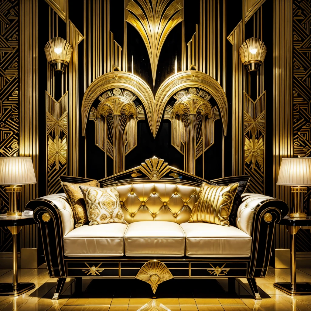 Black sofa with gold wallpaper and table lamp, Art-deco style, Art - deco style, Art deco motifs, Art deco design, Art deco style, Art deco interior, Art decor, Art deco medieval style, Art. Art deco, modern Art deco, inspired Art deco, realistic Art deco, intricate Art deco patterns, Art deco influence