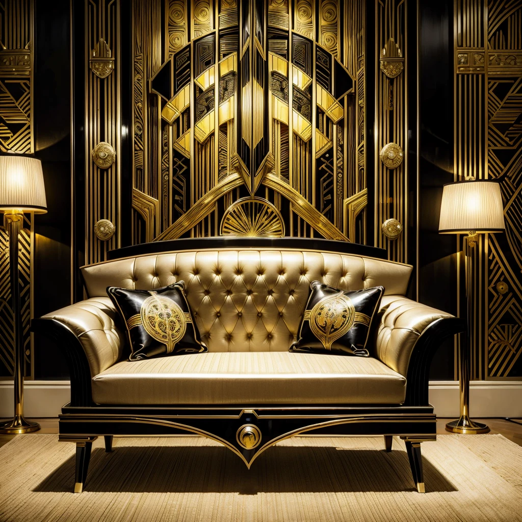 Black sofa with gold wallpaper and table lamp, Art-deco style, Art - deco style, Art deco motifs, Art deco design, Art deco style, Art deco interior, Art decor, Art deco medieval style, Art. Art deco, modern Art deco, inspired Art deco, realistic Art deco, intricate Art deco patterns, Art deco influence