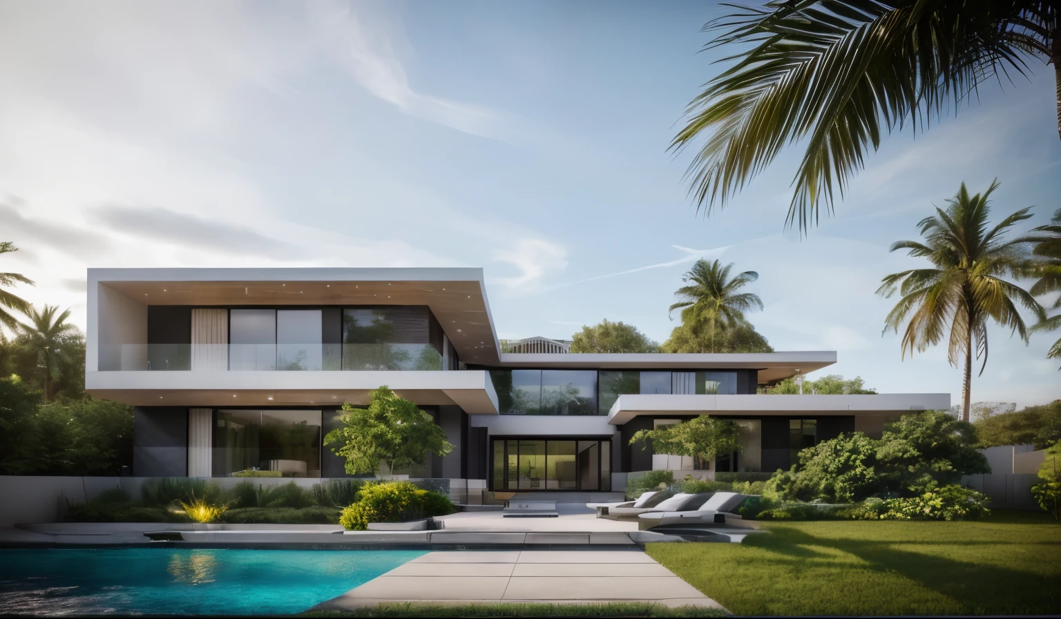 (masterpiece),(high quality), best quality, real,(realistic), super detailed,(full detail),(4k),8k,modern house exterior design,Modern architecture,Beautiful_sky,Day_light, no_humans, outdoors,sky,Tropical_trees,Garden_flower_front_of_building,