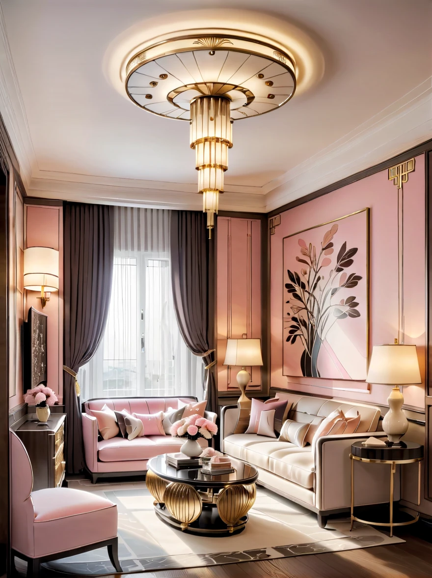 Creates the image of a warm and inviting Art Deco room。The room should exude a cozy atmosphere,Blending unique Art Deco elements with a warm atmosphere。It should have geometric patterns typical of Art Deco、Strong lines and luxurious materials,but has a softer、warmer color palette,Maybe use cream、Pink and warm brown shades。Furniture should be stylish yet comfortable,Featuring luxurious interiors and elegant streamlined forms。Decorative elements may include Art Deco light fixtures、mirror and wall art,All of this helps create a warm atmosphere in the room。Lighting should be soft and warm,Enhance the overall sense of comfort and warmth in this Art Deco style space。