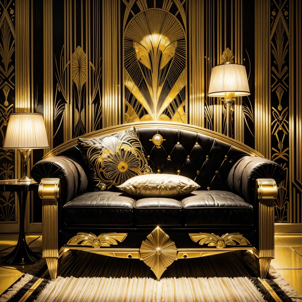 Black sofa with gold wallpaper and table lamp, an Art deco painting by Elena Guro, Popular topics on pixabay, Art nouveau, Art - deco style, Art-deco style, Art deco motifs, Art deco design, Art deco style, Art deco interior, Art deco medieval style, Art decor, modern Art deco, Art. Art deco, inspired Art deco