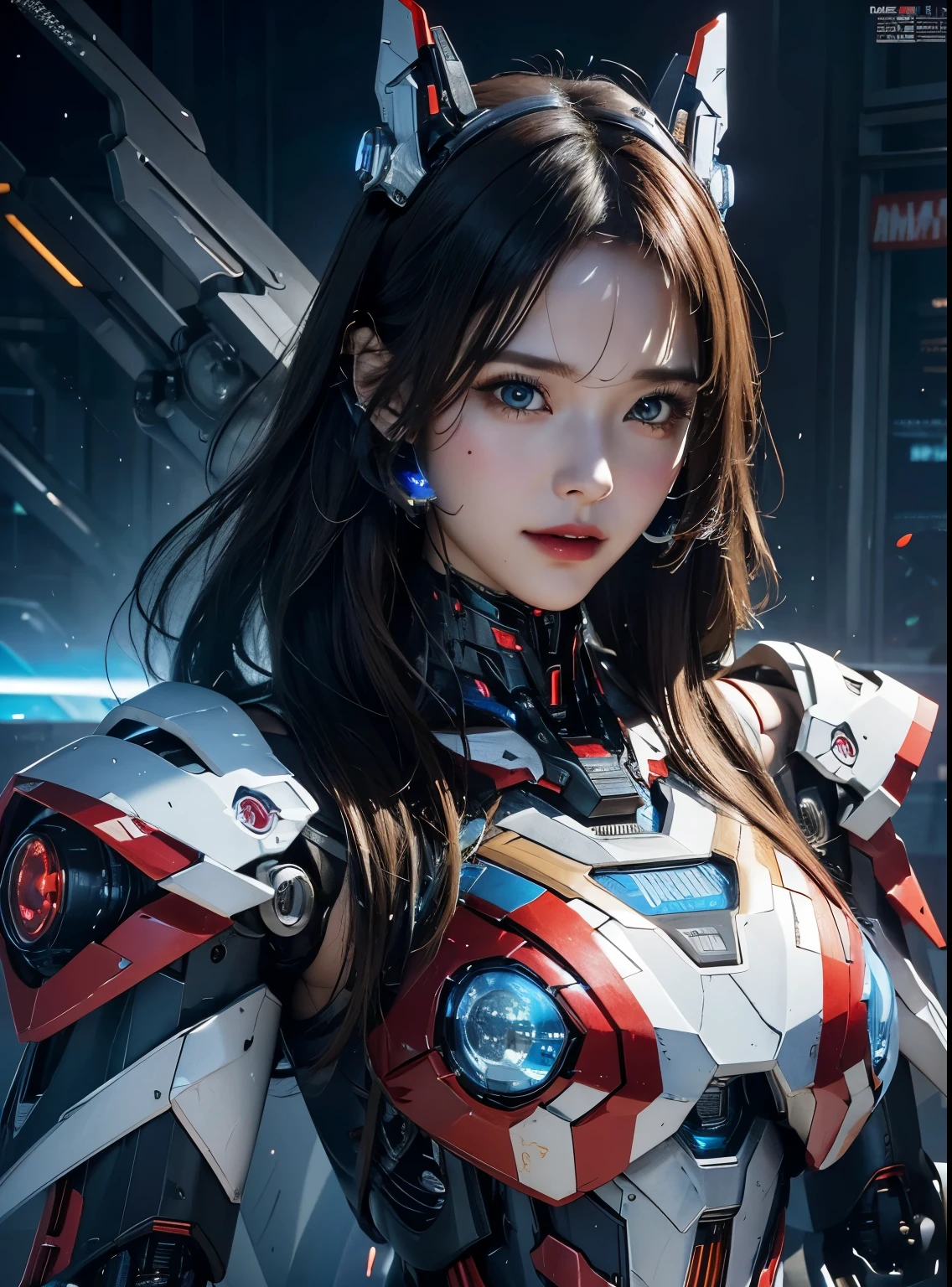 rough skin, Super detailed, advanced details, high quality, better quality, High resolution, 1080P, hard disk, beautiful,(Iron Patriot),beautifulサイボーグの女性,Mecha cyborg ,battle mode, With mechanical body,She wears a futuristic Iron Patriot mech,full body shot