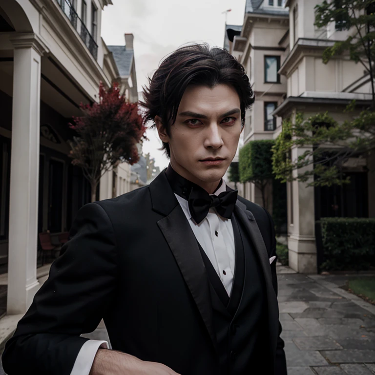 Masculine vampire anime man with red eyes with a tuxedo infront of a mansion