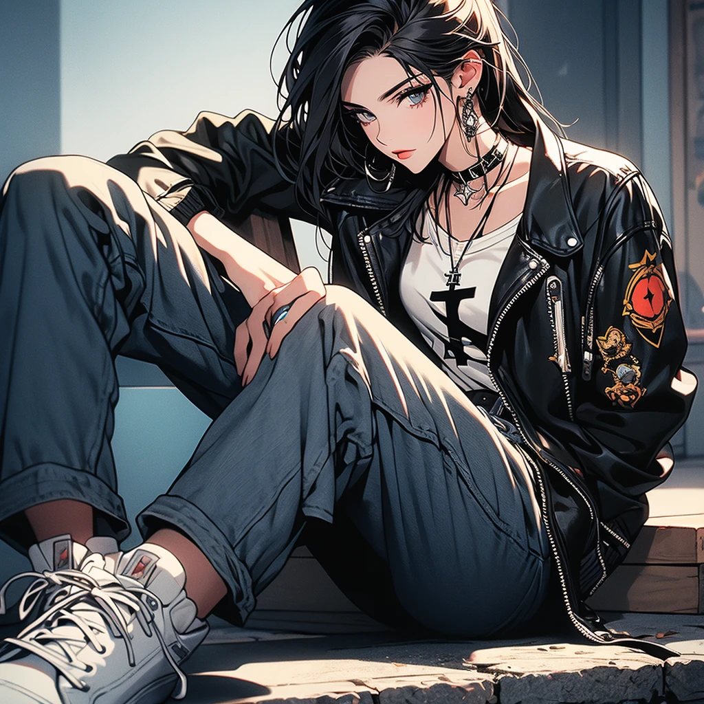masterpiece, high-quality, high-definition, high-resolution, anime style, warm color palette, //Character
(1 cool girl is s sitting cross-legged:1.4)
BREAK
//Fashion
Edgy Bee Punk Rocker,
Rock a black leather jacket adorned with edgy bee patches or embroidery, giving the costume a punk rock vibe,
BREAK
Pair the jacket with a graphic tee or tank top featuring bold bee imagery or patterns, adding a rebellious element to the ensemble,
BREAK
Opt for distressed or ripped jeans for a punk-inspired edge, creating a casual and edgy aesthetic,
BREAK
Complete the look with black combat boots, enhancing the punk rocker vibe and providing a bold finishing touch,
BREAK
Wear a choker necklace with a bee pendant, adding a subtle yet distinctive accessory that ties into the overall theme,
BREAK (Background is richly drawn and delicate),
