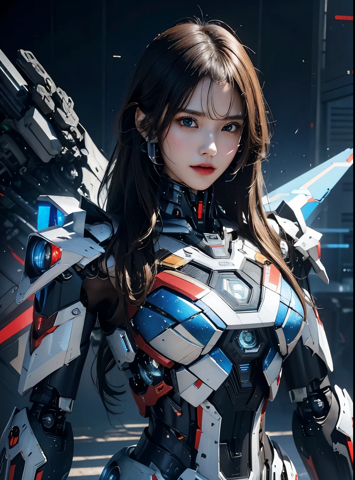 rough skin, Super detailed, advanced details, high quality, better quality, High resolution, 1080P, hard disk, beautiful,(Iron Patriot),beautifulサイボーグの女性,Mecha cyborg ,battle mode, With mechanical body,She wears a futuristic Iron Patriot mech,full body shot