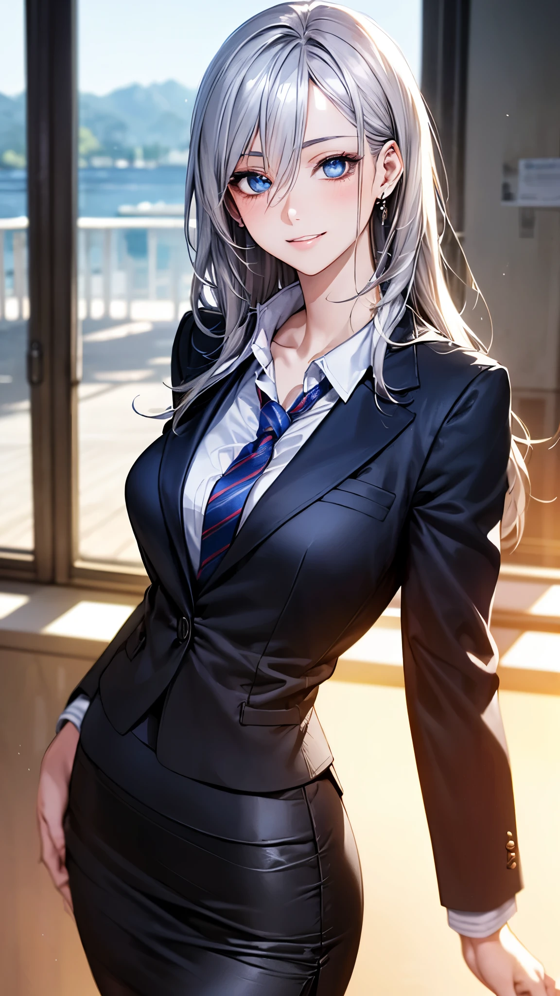 (masterpiece:1.2, top-quality), (realistic, photorealistic:1.4), beautiful illustration, (natural side lighting, movie lighting),
looking at viewer, cowboy shot, front view, 1 girl, japanese, high school girl, perfect face, cute and symmetrical face, shiny skin, babyface,
(long hair, straight hair, silver hair), hair between eyes, blue eyes, (middle breasts, seductive thighs, big ass), piercings,
beautiful hair, beautiful face, beautiful detailed eyes, beautiful clavicle, beautiful body, beautiful chest, beautiful thigh, beautiful legs, beautiful fingers,
((long sleeves, white collared stripe shirt, black suit jacket, black pencil skirt), id card, strap, navy tie),
(beautiful scenery), evening, office, walking, sexy pose, (lovely smile, upper eyes),