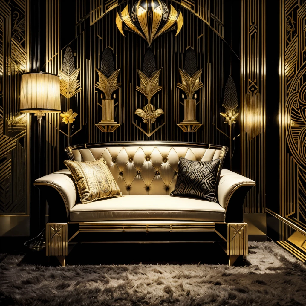 Black sofa with black gold wallpaper and black table lamp, Art-deco style, Art - deco style, Art deco motifs, Art deco design, Art deco style, Art deco interior, Art decor, Art deco medieval style, Art. Art deco, modern Art deco, inspired Art deco, realistic Art deco, intricate Art deco patterns, Art deco influence