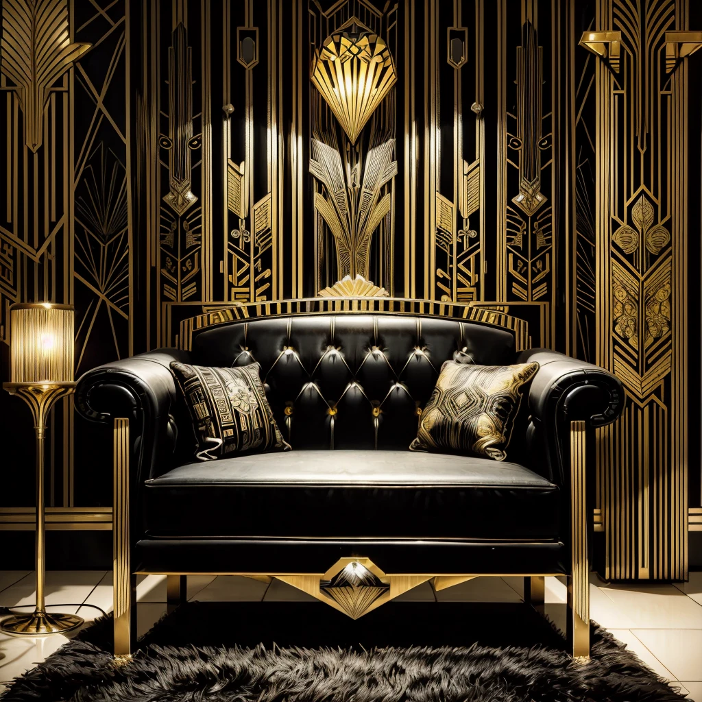 Black sofa with black gold wallpaper and black table lamp, Art-deco style, Art - deco style, Art deco motifs, Art deco design, Art deco style, Art deco interior, Art decor, Art deco medieval style, Art. Art deco, modern Art deco, inspired Art deco, realistic Art deco, intricate Art deco patterns, Art deco influence