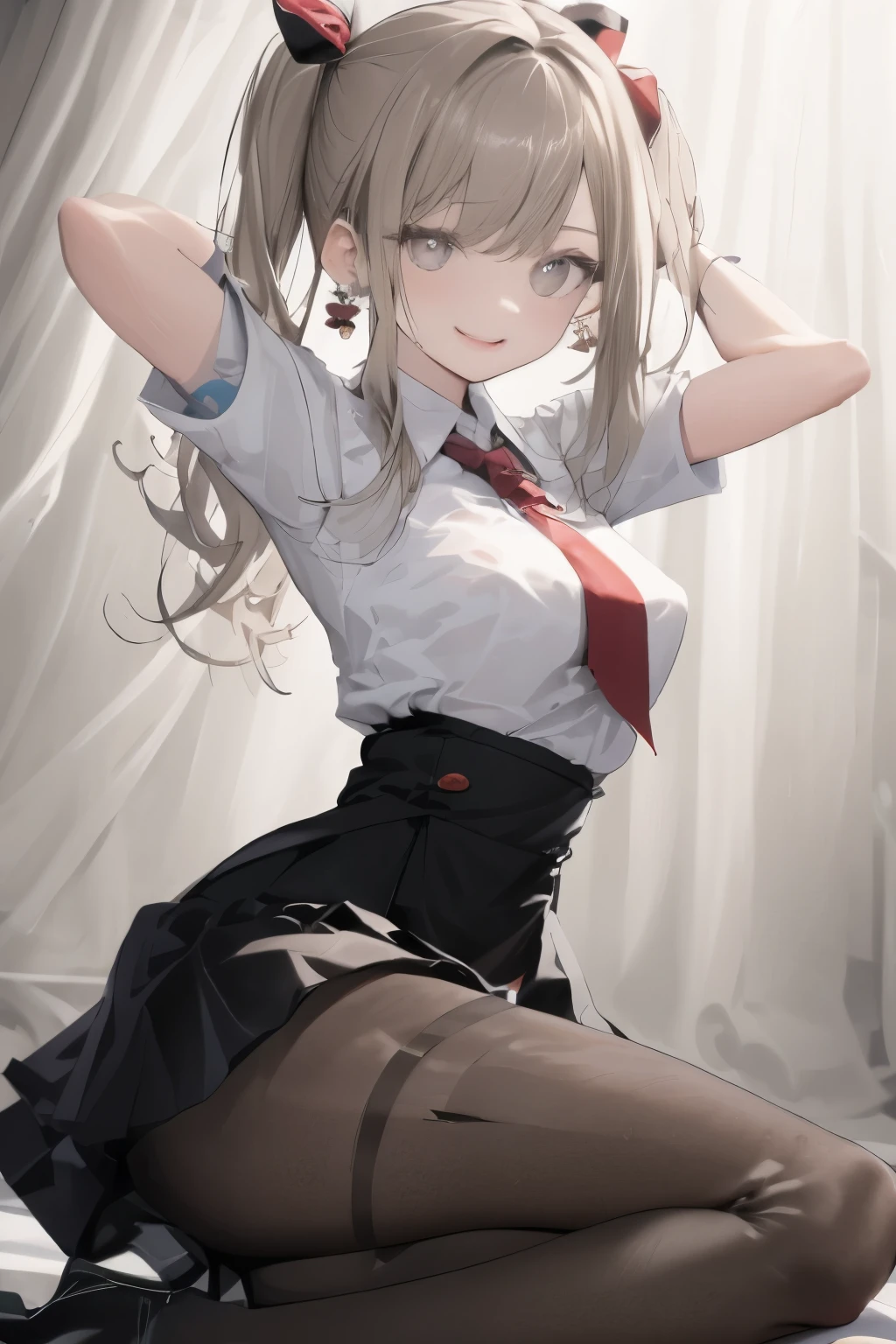 Korean school uniform、summer school uniform shirt、tight shirt、ribbon tie、skirt made of、School、School的楼梯、Emphasis on placing arms in front of chest、Slender and long、8K RAW photos、high resolution、age:18 、Japanese、Incision eye、very large round breasts、Beautiful eyes are meticulous、long eyelashes、beautiful double eyelids、eye shadow、Eyeliner、slender eyes、elongate eye shape、Three white eyes、Beautiful and thin legs、Beautiful and thin thighs、Random Shorthair、tie hair back、earrings、light brown hair、(wearing pantyhose)、Thighs are very、Smile、mouth slightly open,Seductive pose,???? your ass,Cocked buttocks,A thousand flavors,leg wide open,Emotional,Beautiful pupils,,Injured,damaged clothes,visible,