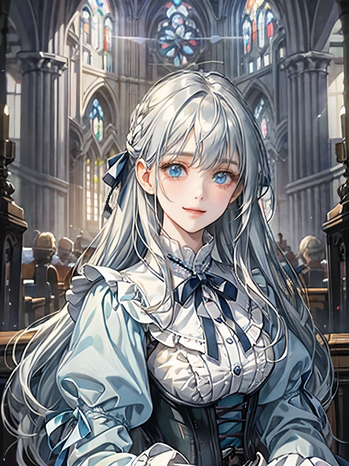 1 girl、Light blue blouse、corset、detailed face、long hair with gray hair、light blue eyes、round eyes、hair arrange、Attach a ribbon、Smiling Girl、drooping eyes、droopy eyes、17 years old、church、Patsun bangs