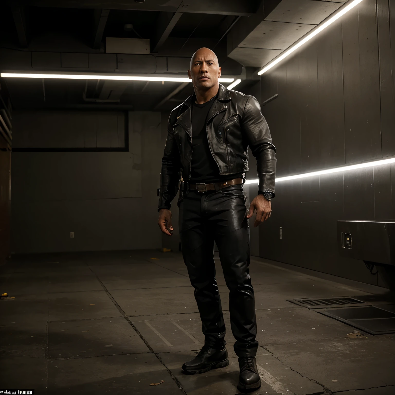 masterpiece, best quality, solo, Dwayne Johnson as T 800 in Terminator, half cyborg face, glowing red cyborg eyes, standing, full body, cowboy shot, hands on hips, wearing cyberpunk costume, very muscular, athletic, huge, gray hair, gray, scars, warrior, barbarian, sfw, 55 years old, futuristic dystopia