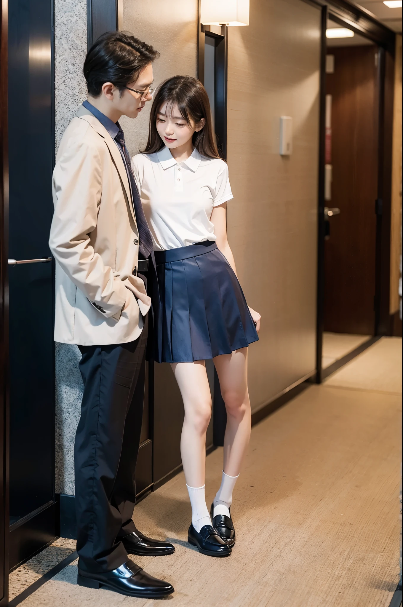 a man and a girl、japanaese girl、15yo student、hi-school girl、Slender body:1.5、small :1.5、Short stature:1.5、校服、white shirt:1.5、 Blue Check Mini Skirt:1.5、Straight long hair、Brown hair:1.5、Skinny Legs:1.5、Black socks:1.5、Rolled up skirt:1.5、Black loafers、Middle-aged man、Suits、sixty years old、holding each other、hotel