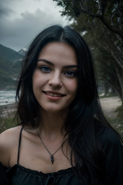 (masterpiece, best quality:1.4), cinematic light, colorful, high contrast, mountain, grass, tree, night, (horror (theme):1.2), (monster:1.2), dark,like monica belucci , blue eyes,dark black hair smiling face age at the beach))), ,