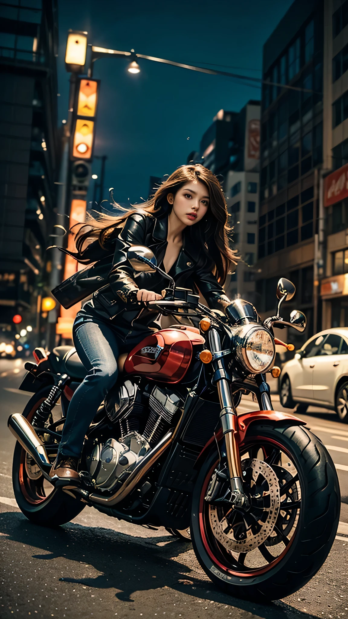 8K, highest quality, (beauty), High resolution, realistic, real human being, fashionable art thief, Reminiscent of Cat's Eye and Fujiko Mine from Lupine the Third, run away on a bike. The thief is a woman with a chic atmosphere, Retro look, Elegant yet suitable for high-speed chases、Wearing clothes that fit tightly to the body. Her hair flows behind her as she runs through the cityscape at night.. A classic yet powerful bike, Complement her style. The scene is vibrant, Captures the essence of the classic anime heist, A fusion of sophisticated atmosphere, action, And a little retro charm.