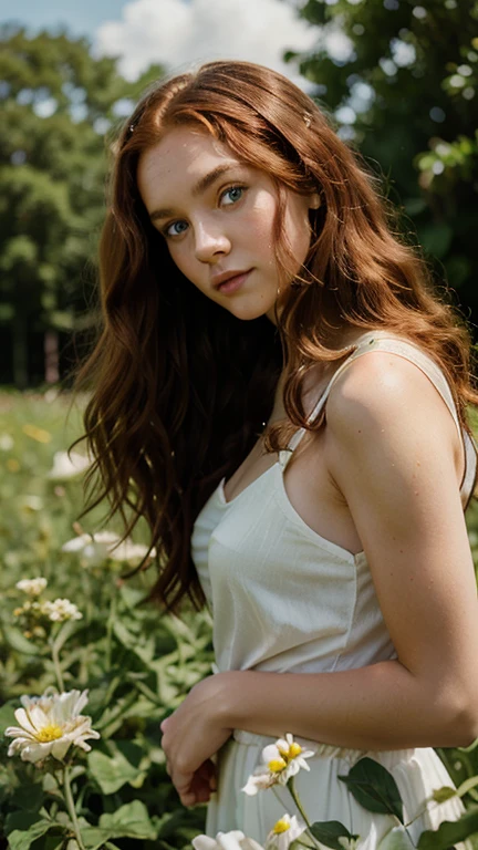 Teenage girl, long curly red hair, green eyes, light makeup, posing in a sunny flower field, soft lens, photorealistic portrait

